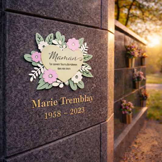 Cœur fleuri personnalisé posé sur un columbarium, hommage doux et lumineux