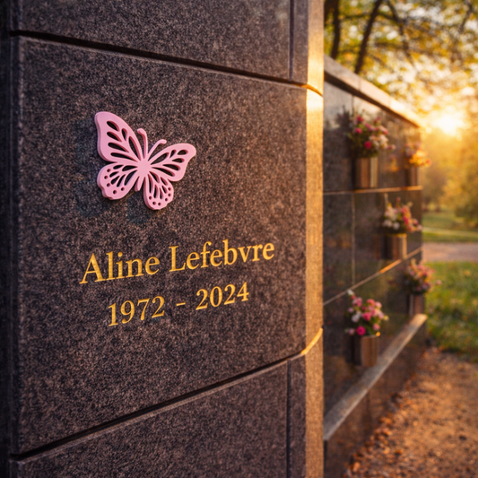 Ornement funéraire papillon Aube posé sur un columbarium
