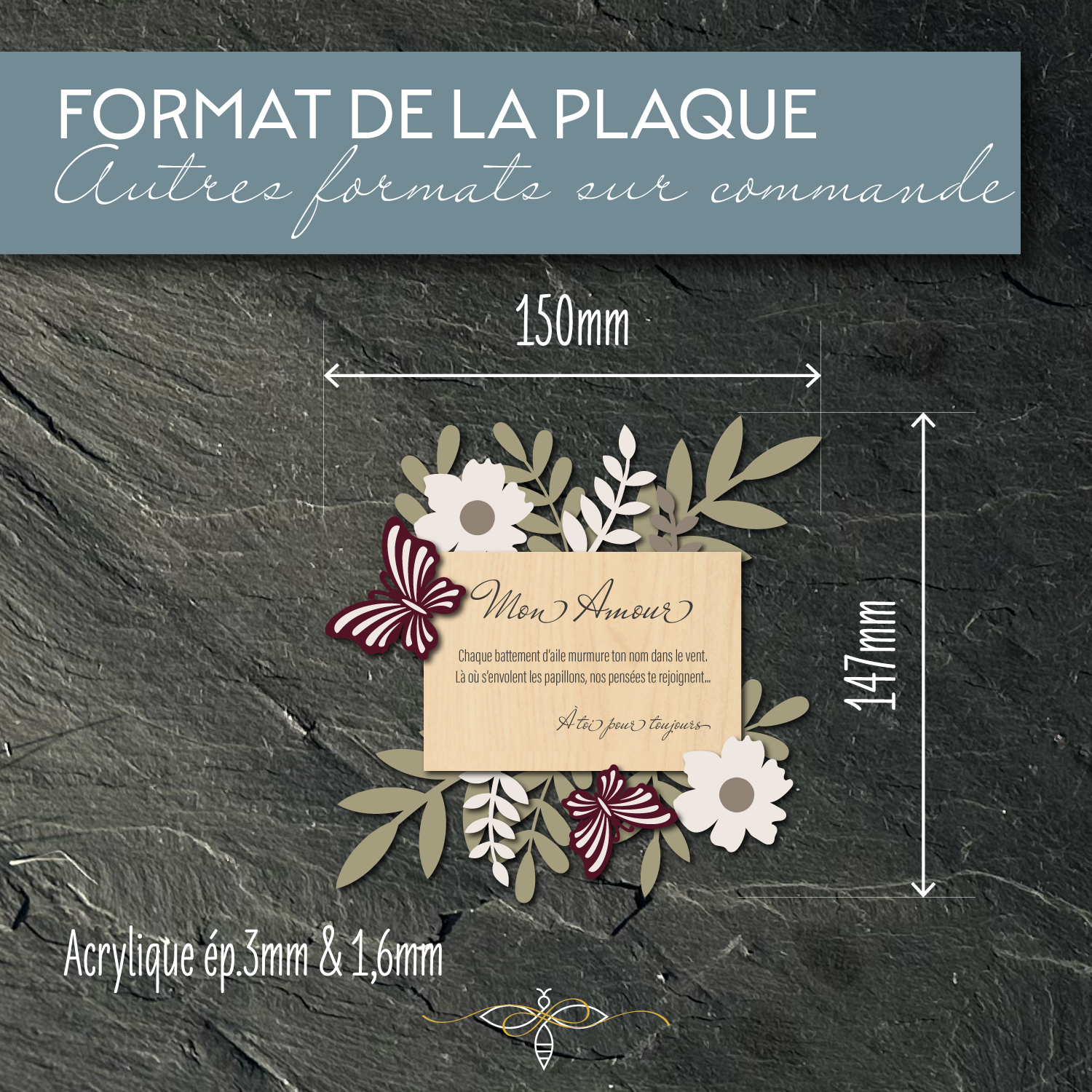 Plaque funéraire personnalisée avec papillons - 15cm