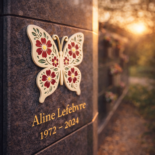 Ornement funéraire papillon Floréa en relief posé sur un columbarium
