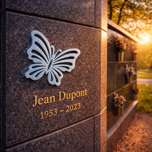 Ornement funéraire papillon Souffle posé sur un columbarium