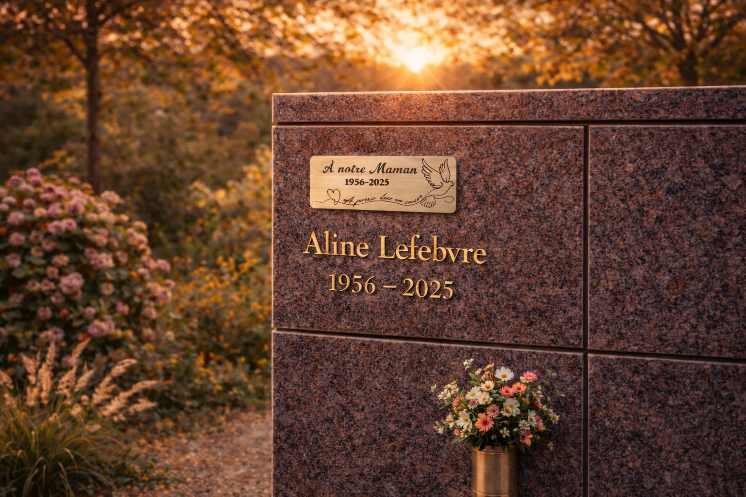 Plaque funéraire personnalisée pour columbarium avec gravure et décoration colombe, ambiance douce et lumineuse