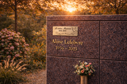 Plaque funéraire personnalisée pour columbarium avec gravure et décoration colombe, ambiance douce et lumineuse