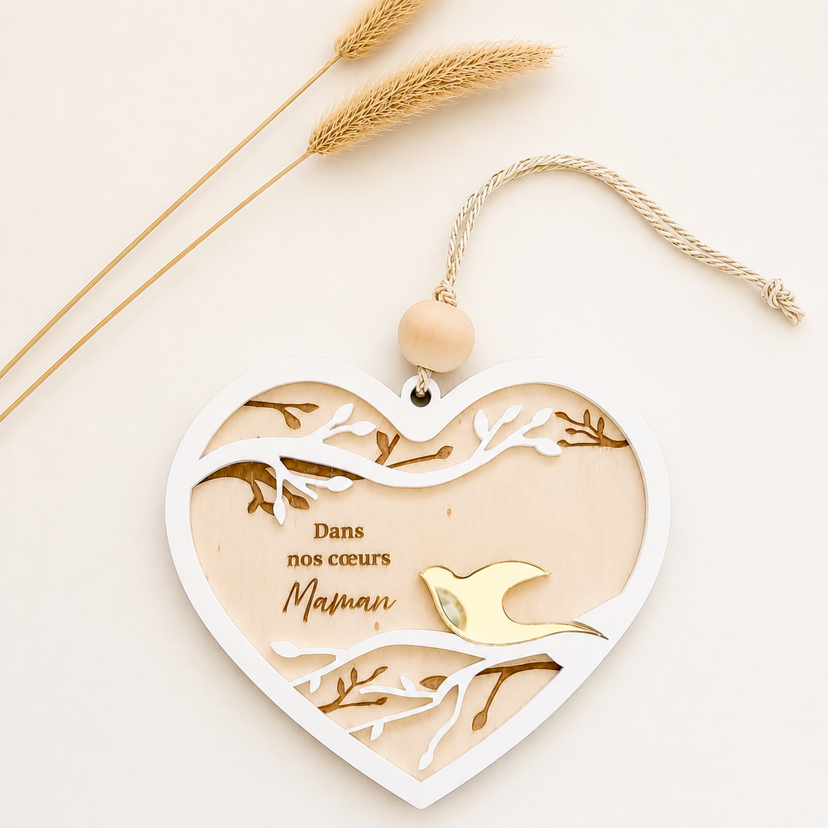 Suspension souvenir en forme de cœur avec oiseau personnalisable et message hommage