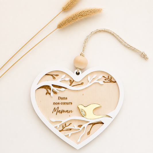 Suspension souvenir en forme de cœur avec oiseau personnalisable et message hommage